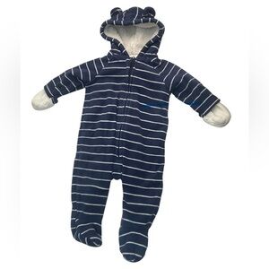 Old Navy Blue and White Striped Footie One Piece with Hood 3-6m baby